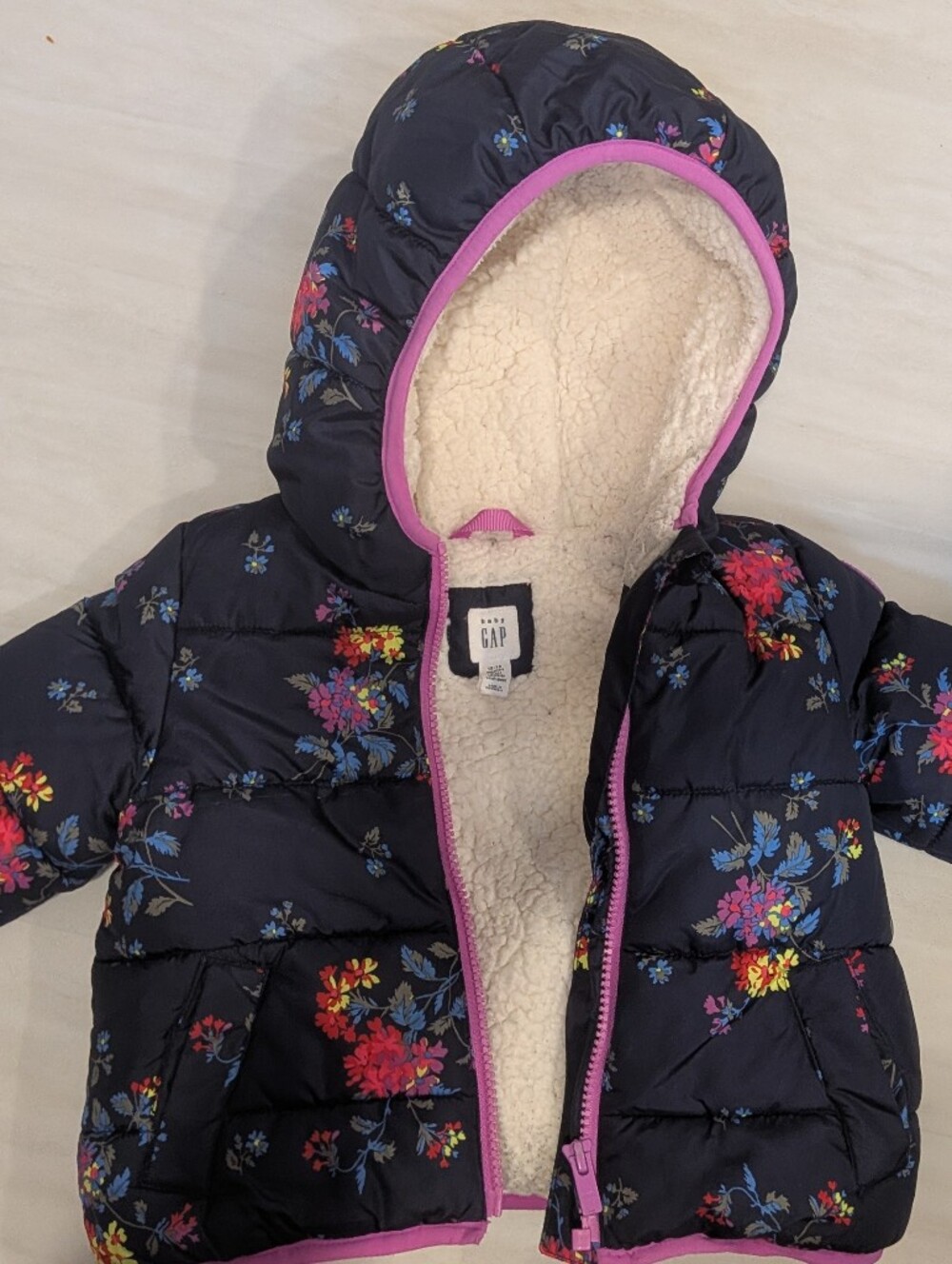GAP Navy Floral Puffer Jacket with Pink Trim